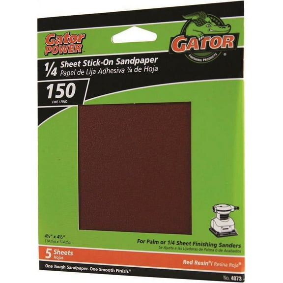 Gator 4073 Aluminum Oxide 1/4 Sheet Stick-On Sandpaper, 150-Grit, 4.5", 5-Pack