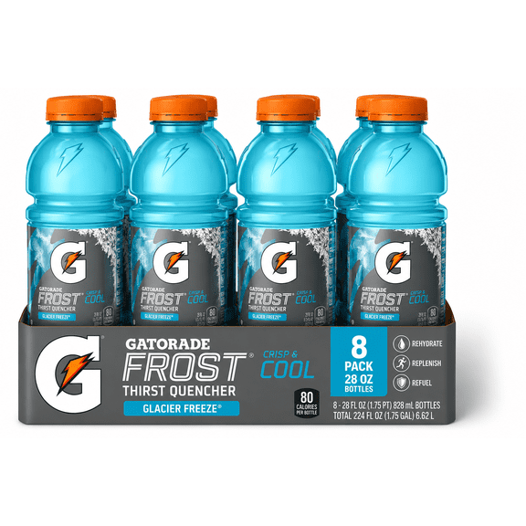 Gatorade Frost Glacier Freeze Sports Drink, 28 fl oz Bottles, 8 Pack, Electrolyte Hydration Beverage