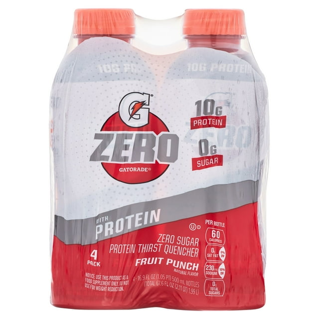 Gatorade G Zero Sugar with Protein Fruit Punch flavor, 16.9 oz, 4 Pack