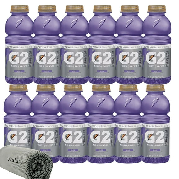 Gatorade G2 Low-Calorie Sports Drink, Grape Flavor, 20 fl oz Bottles (12 Pack) Electrolyte Thirst Quencher for Rehydration & Hydration Support, Bundled with Vallary Ice Towel for Cooling Relief