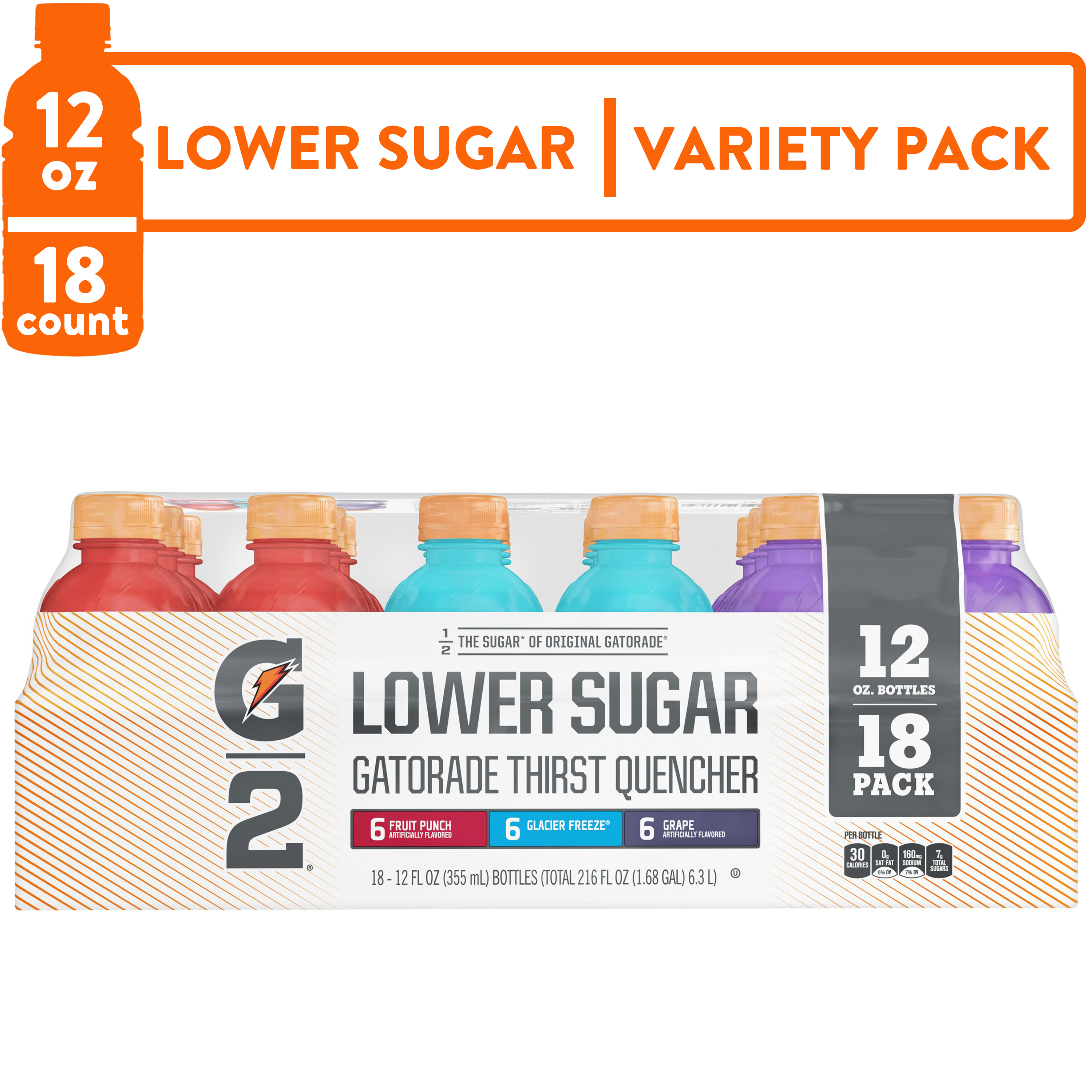 Gatorade G2 Variety Pack Sports Drink, Fruit Punch/Glacier Freeze/Grape, 12 fl oz, 18 Count Bottles - image 1 of 12