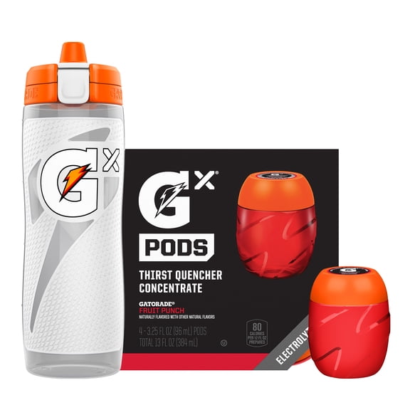 Gatorade Gx Hydration System  White 30oz Squeeze Bottle + 4 Fruit Punch Flavor Pods