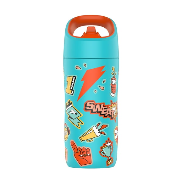 Gatorade Kid's Rookie Stickered Teal Water Bottle with Straw Cap, (12oz), Stainless steel