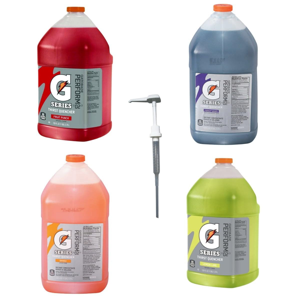 Gatorade Liquid Concentrate Drink Mix  Thirst Quencher Variety Pack, Fruit Punch, Lemon Lime, Orange, Grape, Bulk Sports Drink Syrup, With Pump