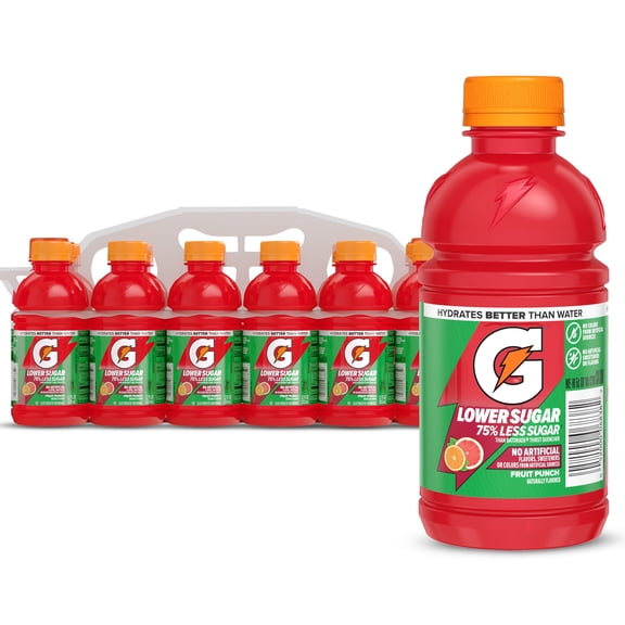 Gatorade Lower Sugar Electrolyte Sports Drink, Fruit Punch Flavor, 12 fl oz Bottles (12 Pack)