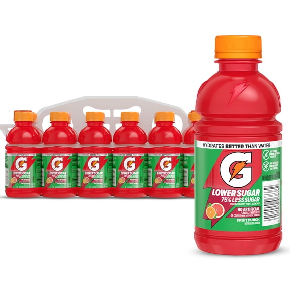 Gatorade Lower Sugar, No Artificials Fruit Punch Flavored Electrolyte Sports Drink, 12 fl oz Bottle, (12 pack), 75% Less Sugar, Hydration