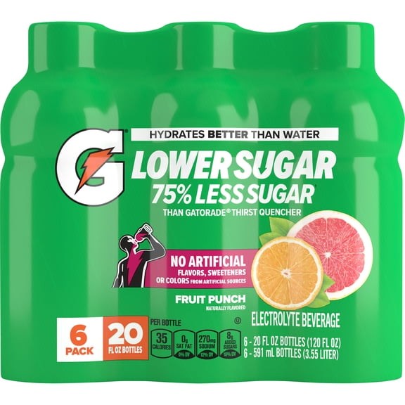 Gatorade Lower Sugar Electrolyte Sports Drink, Fruit Punch, 20 fl oz Bottles, 6 pack, 75% Less Sugar, No Artificial Ingredients, Hydration