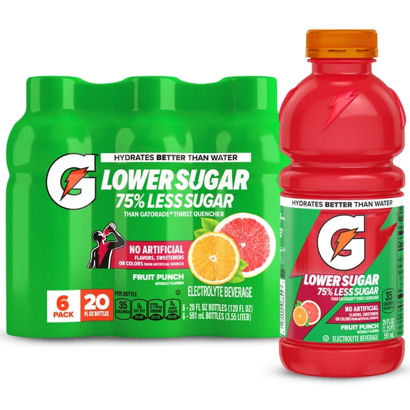 Gatorade Lower Sugar, No Artificials Fruit Punch Flavored Electrolyte Sports Drink, 20 fl oz 6 Pack, 75% Less Sugar, Hydration