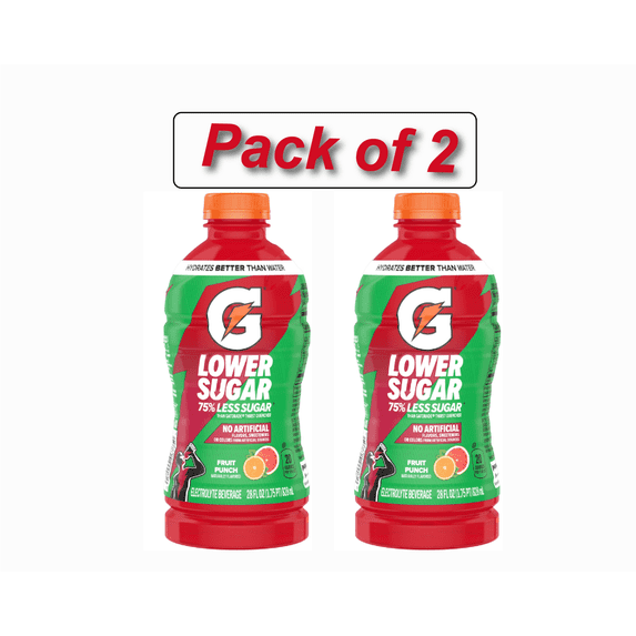 Gatorade Lower Sugar, No Artificials Fruit Punch Flavored Electrolyte Sports Drink, 28 fl oz, 75% Less Sugar, Hydration (Pack of 2)