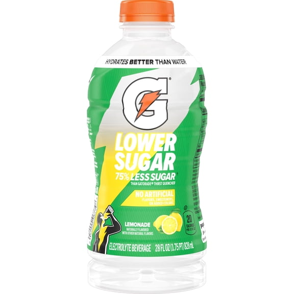 Gatorade Lower Sugar, No Artificials Lemonade Flavored Electrolyte Sports Drink, 28 fl oz, 75% Less Sugar, Hydration