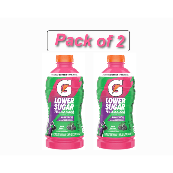 Gatorade Lower Sugar, No Artificials Rain Berry Flavored Electrolyte Sports Drink, 28 fl oz, 75% Less Sugar, Hydration (Pack of 2)