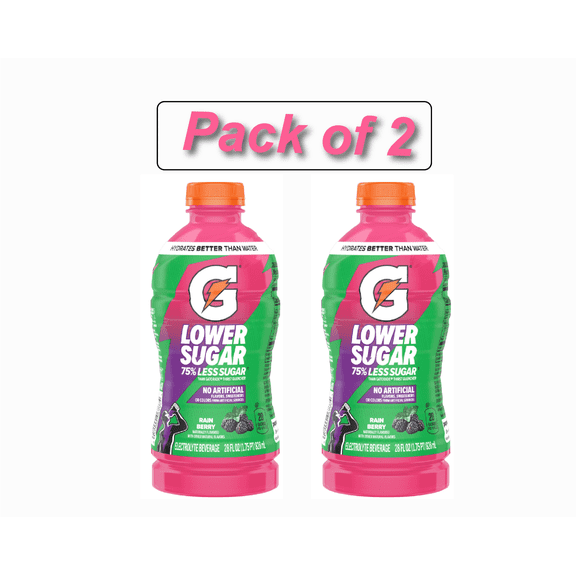 Gatorade Lower Sugar, No Artificials Rain Berry Flavored Electrolyte Sports Drink, 28 fl oz, 75% Less Sugar, Hydration (Pack of 2)