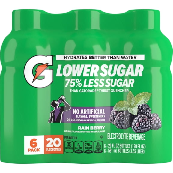 Gatorade Lower Sugar Electrolyte Sports Drink, Rain Berry, 20 fl oz Bottle, (6 Pack), 75% Less Sugar, No Artificial Ingredients, Hydration 