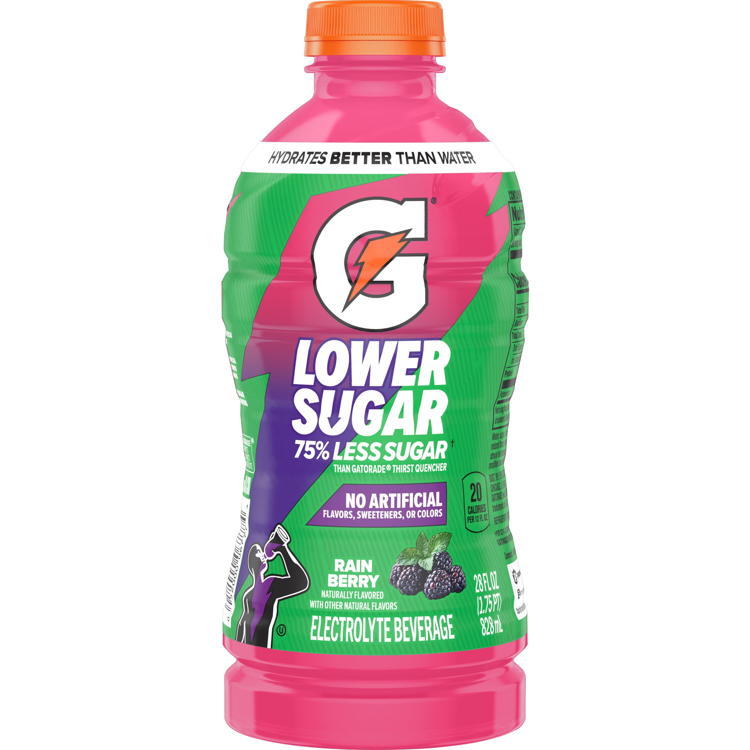 Gatorade Lower Sugar, No Artificials Rain Berry Flavored Electrolyte Sports Drink, 28 fl oz, 75% Less Sugar, Hydration