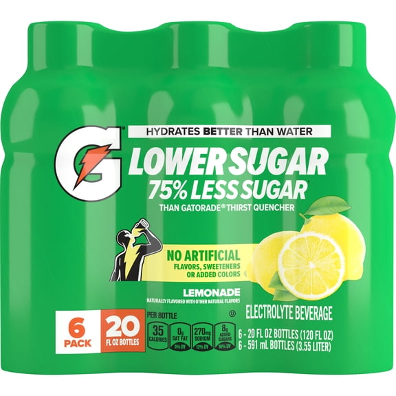 Gatorade Lower Sugar Electrolyte Sports Drink, Lemonade, 20 fl oz Bottles, 6 pack, 75% Less Sugar, No Artificial Ingredients, Hydration 
