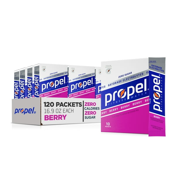 (12 pack) Propel Electrolyte Enhanced Water Drink Mix Powder Packets, Berry, Zero Calorie & Zero Sugar Hydration with Electrolytes and Vitamins C & E, (10 Packets)