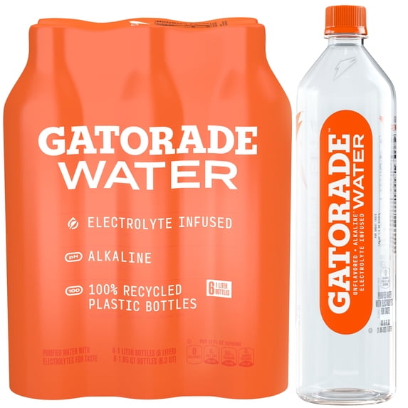 Gatorade Purified Water, Unflavored, 1 Liter Bottles, 6 Pack