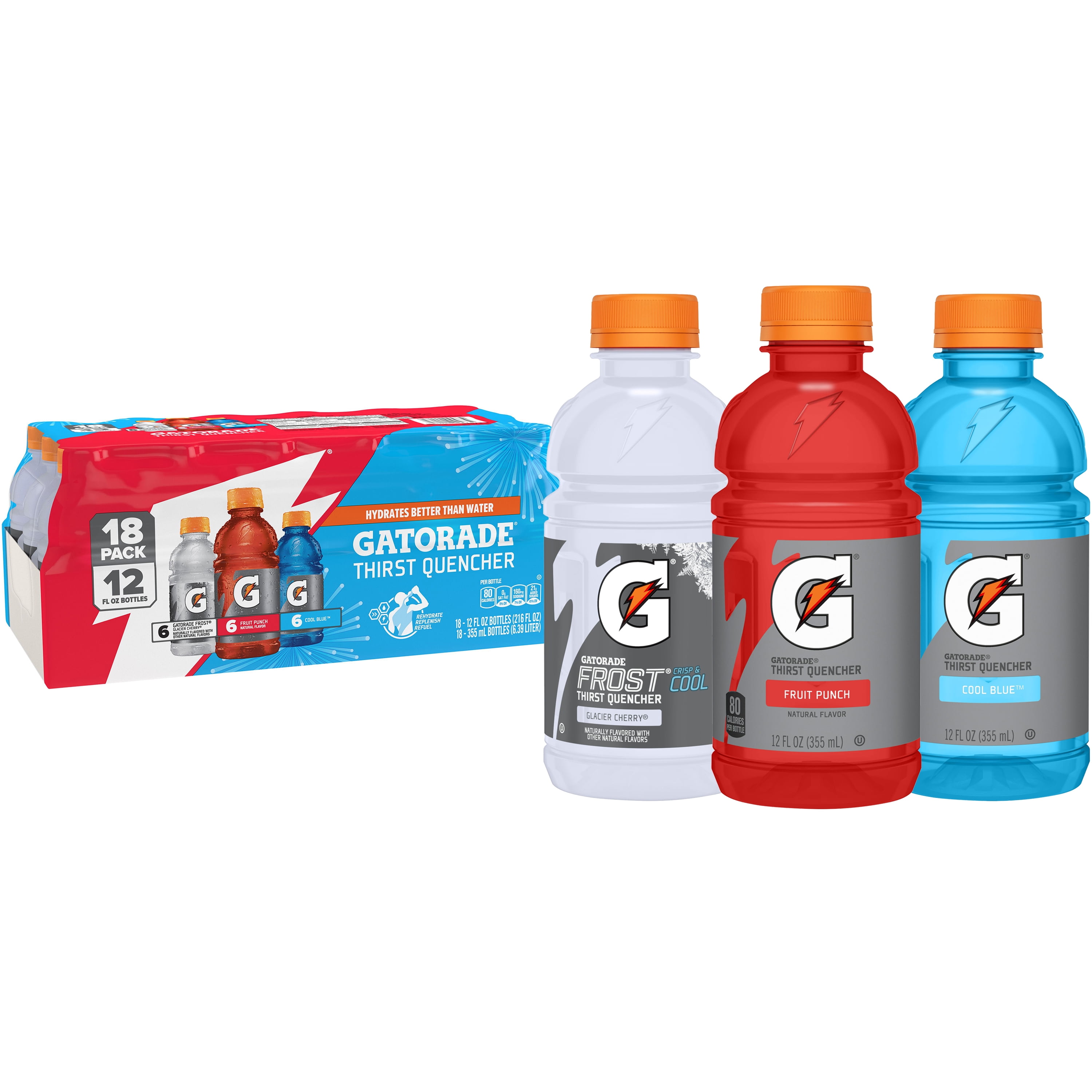 Gatorade Sports Drink, Fruit Punch/Glacier Cherry/Cool Blue Variety Pack, 12 fl oz, 18 Count Bottles