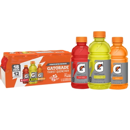 Gatorade Sports Drinks, Lemon Lime/Orange/Fruit Punch Variety Pack, 12 fl oz, 18 Count Bottles
