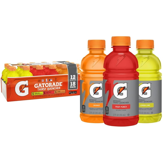 A case of Gatorade with an orange, red, and green bottle