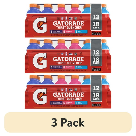 (3 pack) Gatorade Thirst Quencher Variety Pack, Grape/Strawberry/Berry Sports Drinks, 12 fl oz, 18 Ct Bottles