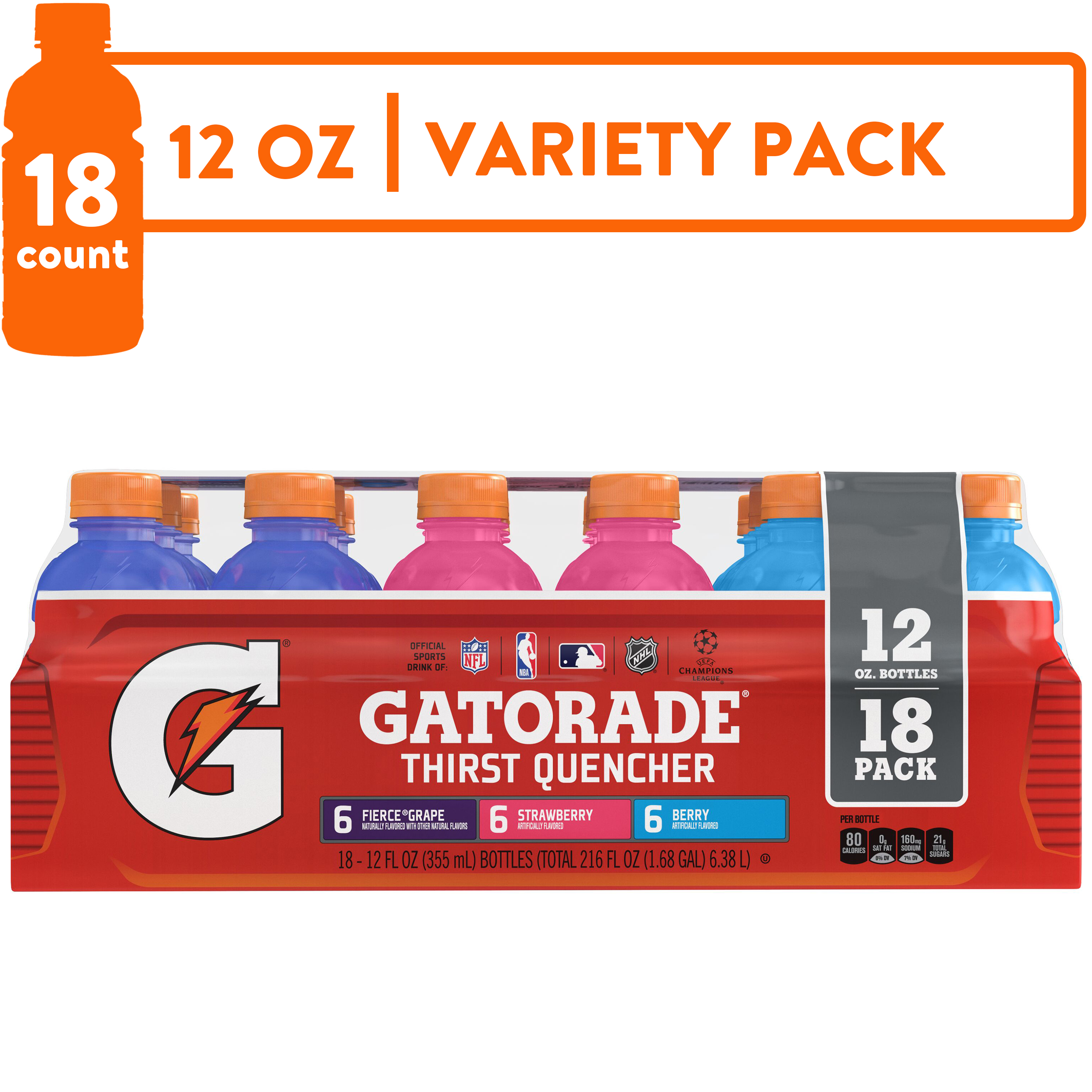 Gatorade Thirst Quencher Variety Pack, Grape/Strawberry/Berry Sports Drinks, 12 fl oz, 18 Ct Bottles - image 1 of 12