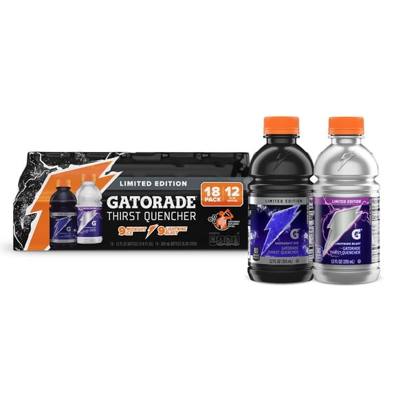 Gatorade Thirst Quencher Variety Pack, Lightning Blast/Midnight Ice Sports Drinks, 12 fl oz, 18 Ct Bottles