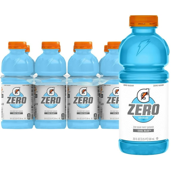 Gatorade Zero Cool Blue Zero Sugar Thirst Quencher Sports Drinks, 20 fl oz, 8 Count Bottles