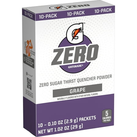 Gatorade G Zero Sports Drink Grape, Powdered Energy Drink Mix, 0.10 oz, 10 Count Packets