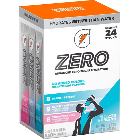 Gatorade Zero Sugar Strawberry Ice, Glacier Cherry and Glacier Freezee, On the Go Packs, Electrolyte Powder Drink Mix, 0.12 oz, 24 Sticks