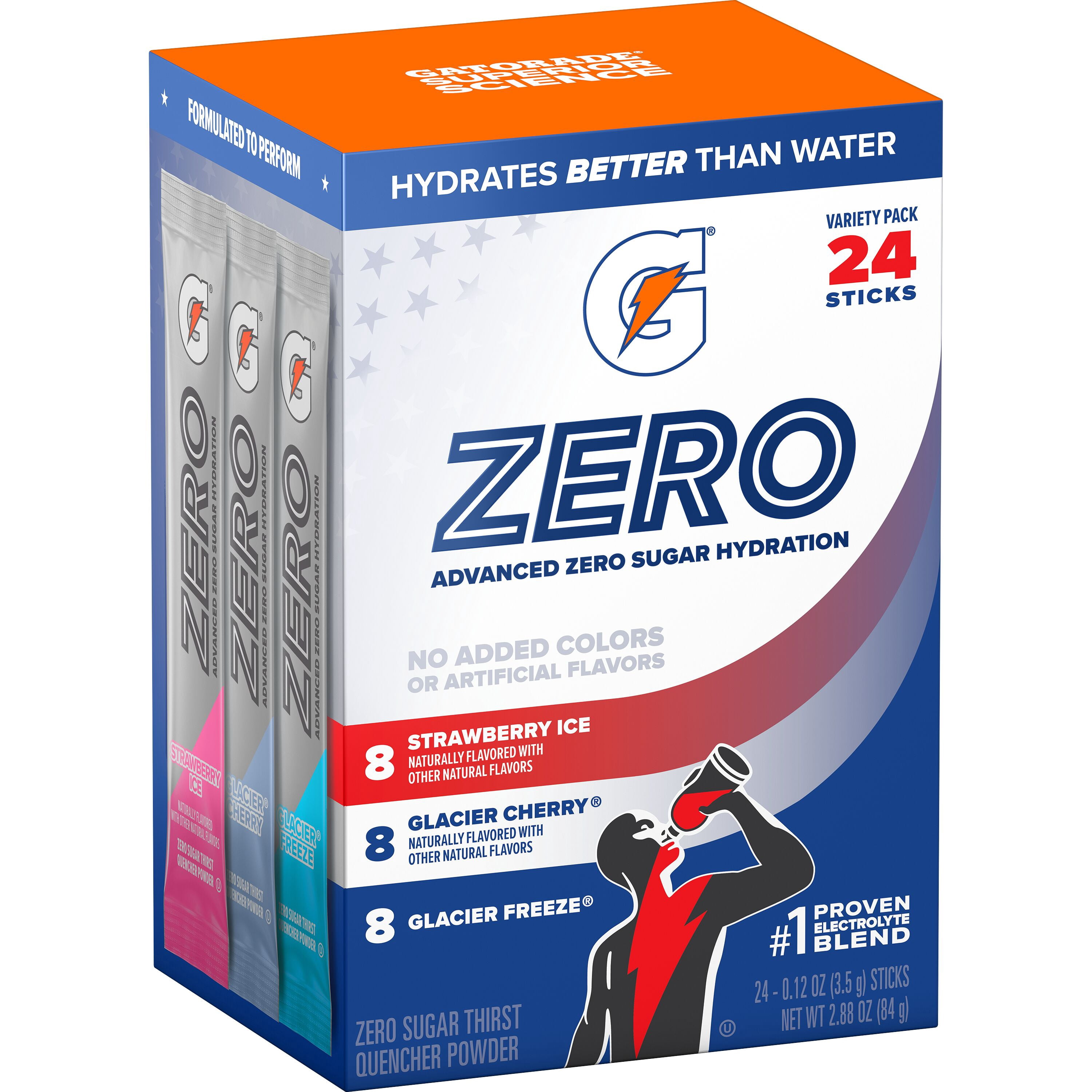 Gatorade Zero Sugar Strawberry Ice, Glacier Cherry and Glacier Freeze, On the Go Packs, Electrolyte Powder Drink Mix, 0.12 oz, 24 Sticks