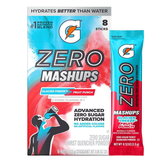 Gatorade Zero Sugar Electrolyte Powder Drink Mix, Mashups Glacier Freeze-Fruit Punch, 0.12 Oz, 8 Count Box