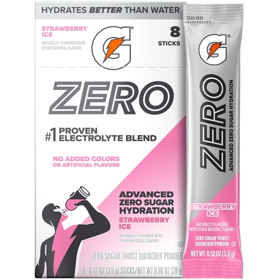 Gatorade Zero Sugar Strawberry Ice, On the Go Packs, Electrolyte Powder Drink Mix, 0.12 oz, 8 Sticks