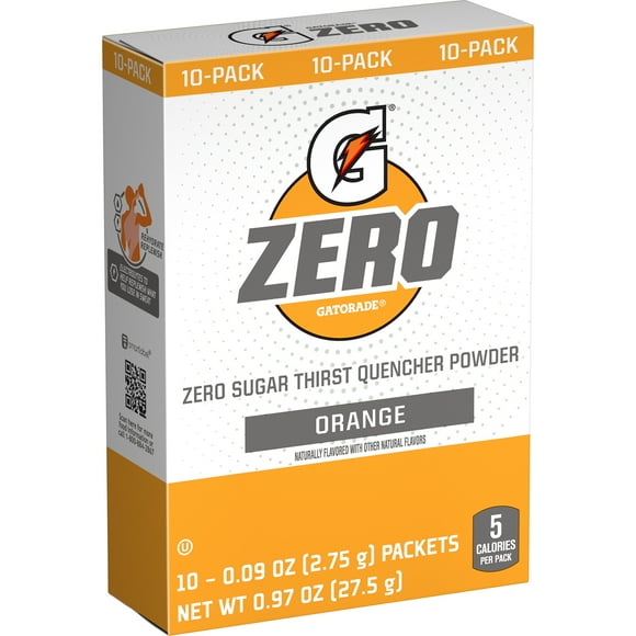 Gatorade G Zero Sports Drink Orange Flavoured, Powdered Energy Drink Mix, 0.9 oz, 10 Count Packets