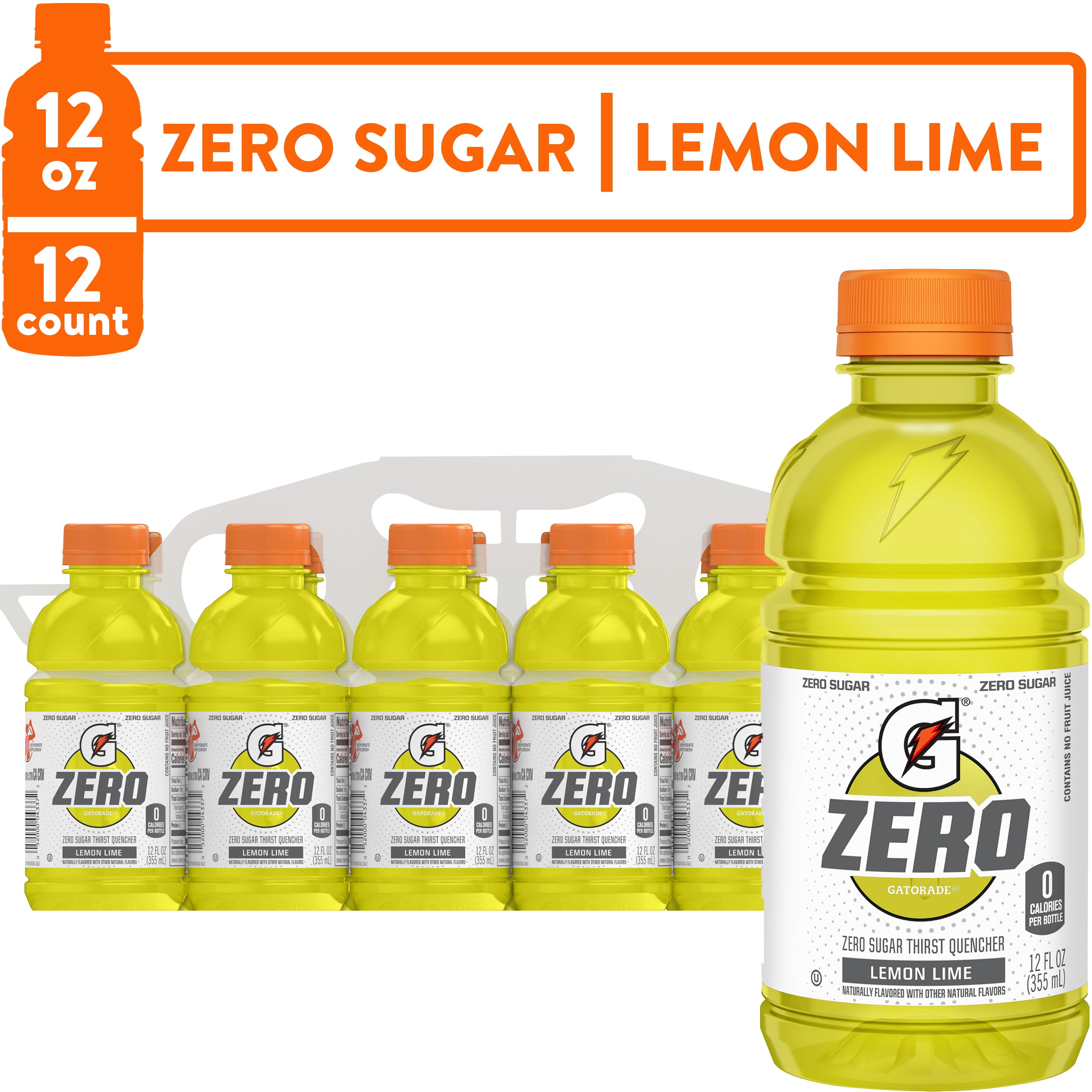 Gatorade Zero Sugar Thirst Quencher Lemon Lime Sports Drinks, 12 fl oz, 12 Count Bottles