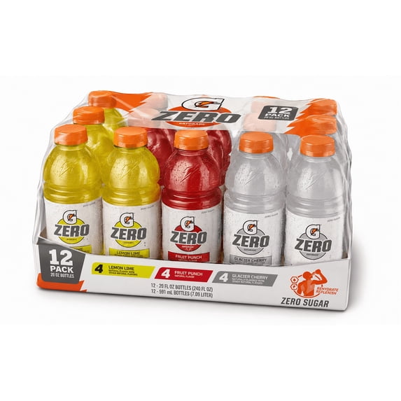 Gatorade Zero Sugar Variety Pack Sports Drinks, Lemon Lime, Fruit Punch & Glacier Cherry, 20 oz Bottles, 12 Count Electrolyte Hydration Beverage Pack
