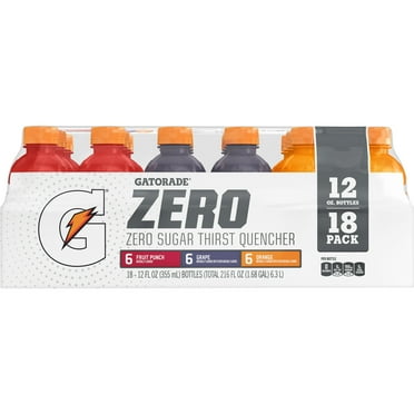 Gatorade Zero Sugar Sports Drinks, Fruit Punch/Grape/Orange Variety Pack, 12 fl oz, 18 Count Bottles