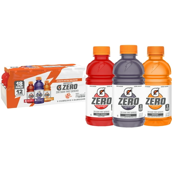 Gatorade Zero Sugar Sports Drinks, Fruit Punch/Grape/Orange Variety Pack, 12 fl oz, 18 Count Bottles