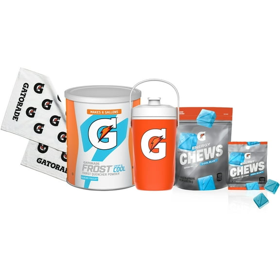 Gatorade Tournament Kit with Gatorade Half Gallon Insulated Sport Beverage Cooler, Gatorade Towel, Gatorade Frost 51oz Electrolyte Powder Canister and Gatorade Energy Chews Cool Blue 5 Pack Bundle