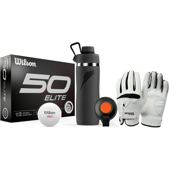 Wilson x Gatorade Golf Essentials Kit - Includes Wilson Fifty Elite Golf Balls, Feel Plus Golf Glove, and Gatorade Overtime Grey Water Bottle