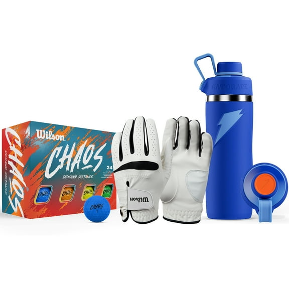 Wilson x Gatorade Golf Performance Bundle - Includes Wilson Chaos Color Golf Balls, Feel Plus Golf Glove, and Gatorade Overtime Blue Water Bottle