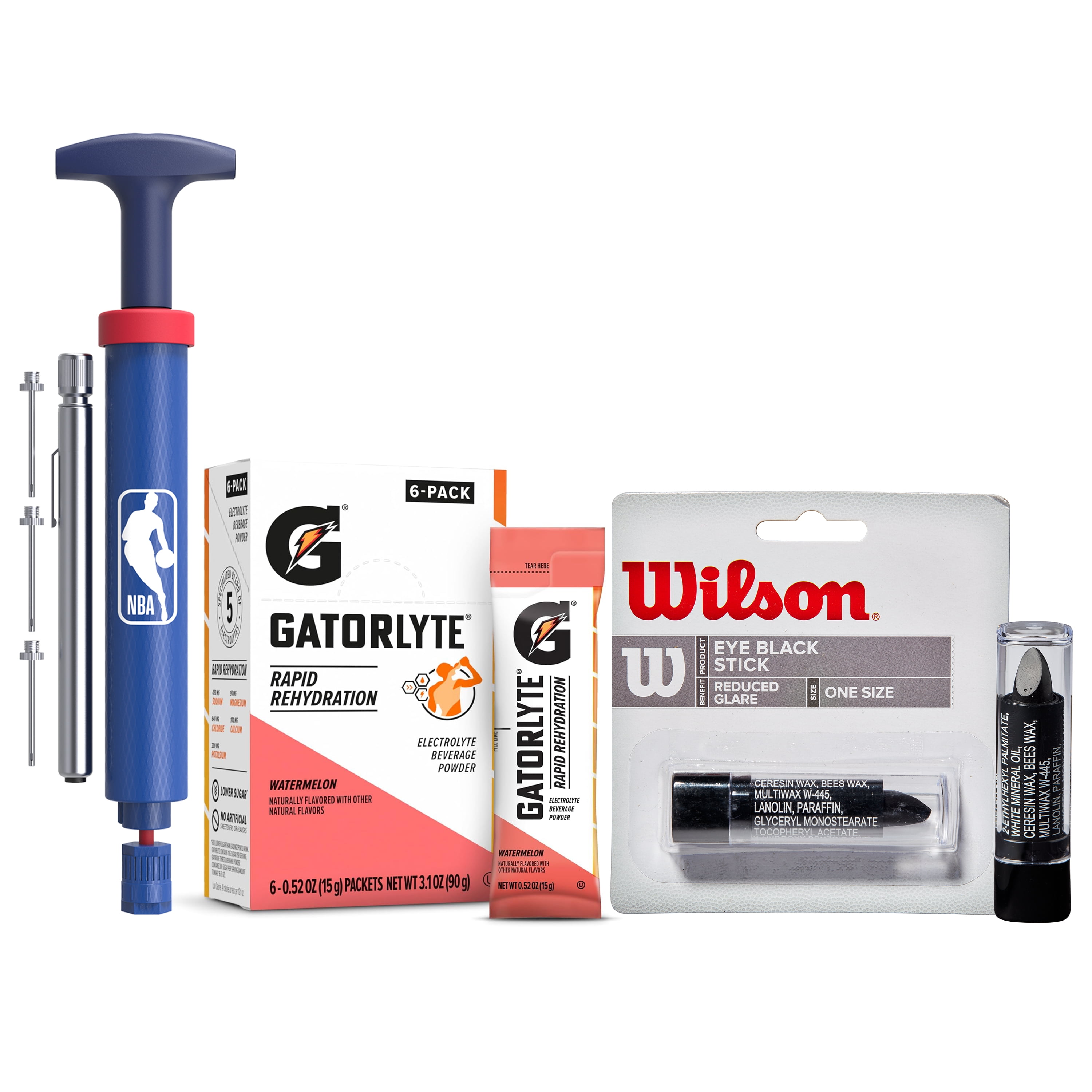 Wilson x Gatorade Basketball Court Essentials Kit - Includes Wilson NBA DRV Ball Pump Kit, Eye Black Stick, and Gatorlyte Watermelon Electrolyte Powder