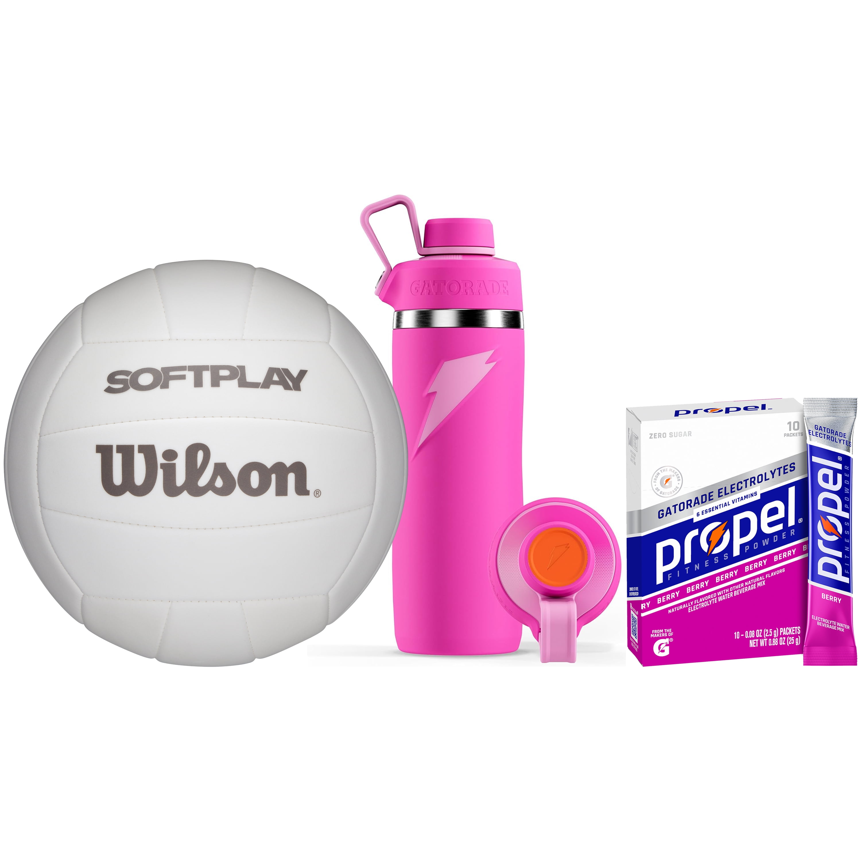 Wilson x Gatorade Volleyball Starter Set - Includes Wilson Softplay Volleyball, Propel Electrolyte Powder, and Gatorade Overtime Pink Water Bottle