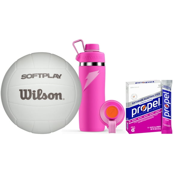 Wilson x Gatorade Volleyball Starter Set - Includes Wilson Softplay Volleyball, Propel Electrolyte Powder, and Gatorade Overtime Pink Water Bottle