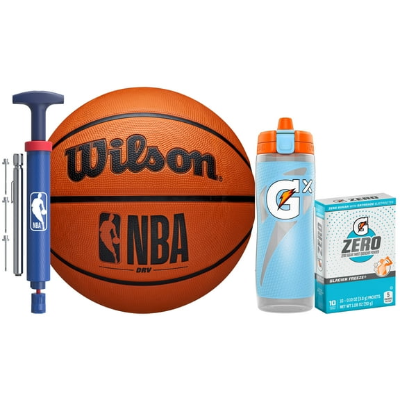 Wilson x Gatorade Youth Basketball Starter Kit - Includes Wilson NBA DRV Size 5 Outdoor Basketball, Ball Pump, Gatorade Gx Water Bottle, and Zero Sugar Electrolyte Powder