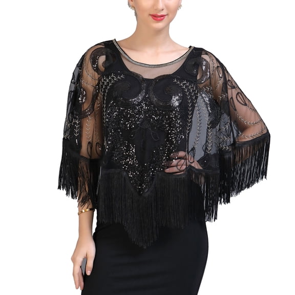 Gatsby 1920's Glitter Beaded Embroidery Poncho Top Formal Lace Shawl Cover Ups