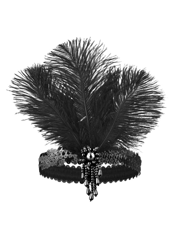 Gatsby Feather Headband, Vintage Flapper Beaded Hair Accessory for Costume Party & Dance, 1 Count