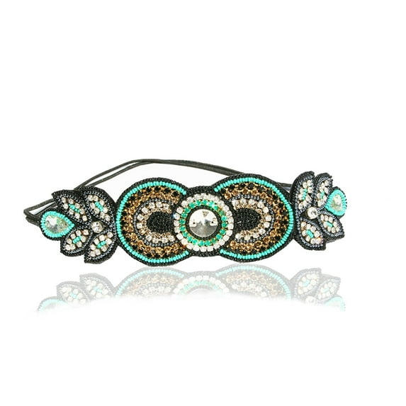 Gatsby Peacock Oval Beaded Rhinestone Headband Elastic Stretch Headwrap with Style Guide 20 Differnt Ways to Wear