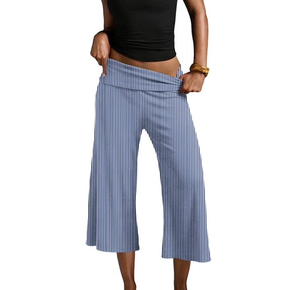 Gaucho Capri Pants for Women Fold Over Cropped Pants Low Rise Wide Leg Capri Striped Palazzo Flowy Culottes Dark Blue XL