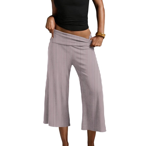 Gaucho Capri Pants for Women Fold Over Cropped Pants Low Rise Wide Leg Capri Striped Palazzo Flowy Culottes Wine 2XL